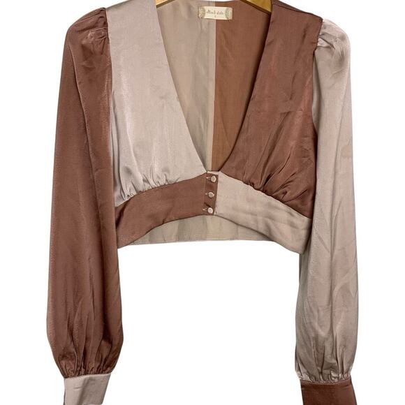 Altar’d State Top Size Small Satin Brown Crop Long Sleeve Coquette Color Block - Picture 1 of 7